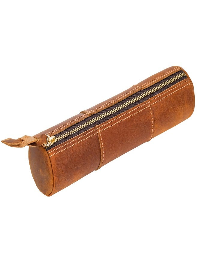 ECHSRT Genuine Leather Pencil Case, Full-Grain Cowhide Leather Pouch, Small Pencil Pouch for Men, Vintage Pen Bag for Adults, Stationery Organizer Case for Work & Travel-Cylinder-Brown - Image 1