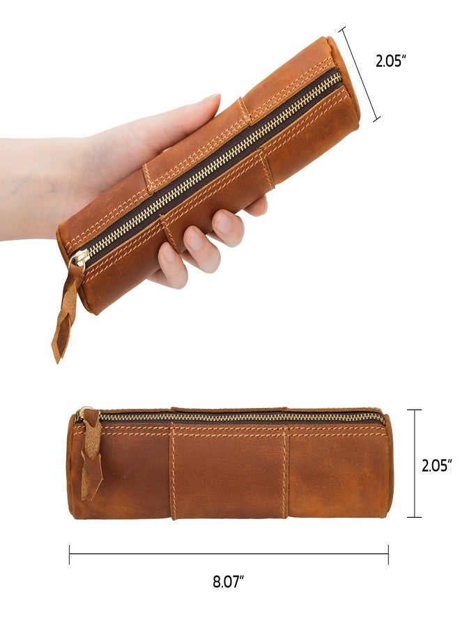 ECHSRT Genuine Leather Pencil Case, Full-Grain Cowhide Leather Pouch, Small Pencil Pouch for Men, Vintage Pen Bag for Adults, Stationery Organizer Case for Work & Travel-Cylinder-Brown - Image 3