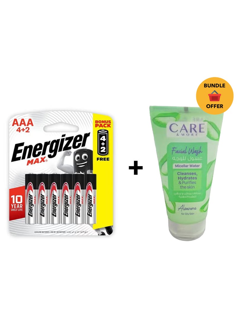 Energizer Max Promo Pack Battery, Size AAA, Pack of 4Plus2 Blister Card - 4+2 Multicolour & Facial cleanser with gentle natural aloe vera that focuses on brightening, purifying, moisturizing and soothing the skin. It is used for oily skin (150).Bundle - Image 1