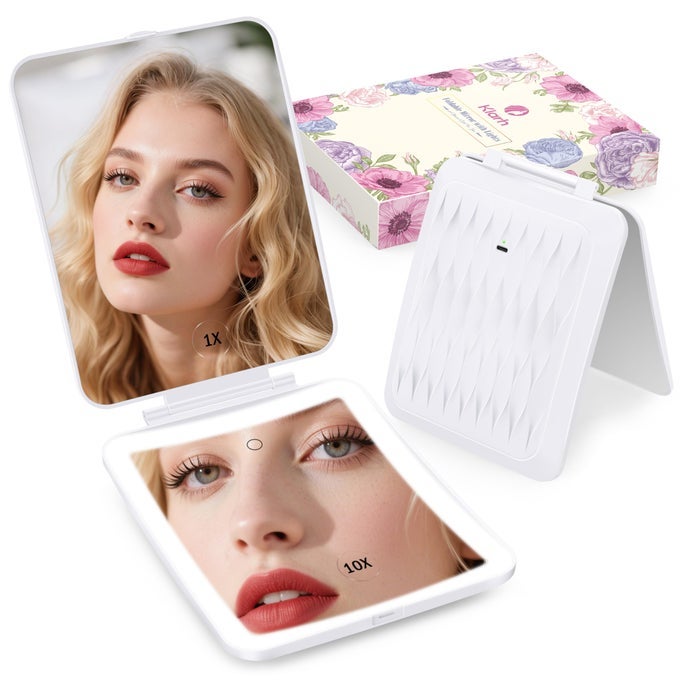 1X10X MAGNIFYING MAKEUP MIRROR WITH 3 COLORED LIGHTS AND TOUCH CONTROL 2700MAH RECHARGEABLE LED VANITY MIRROR FOR HOME BATHROOM AND TRAVEL PEARL WHITE WITH LED LIGHTS