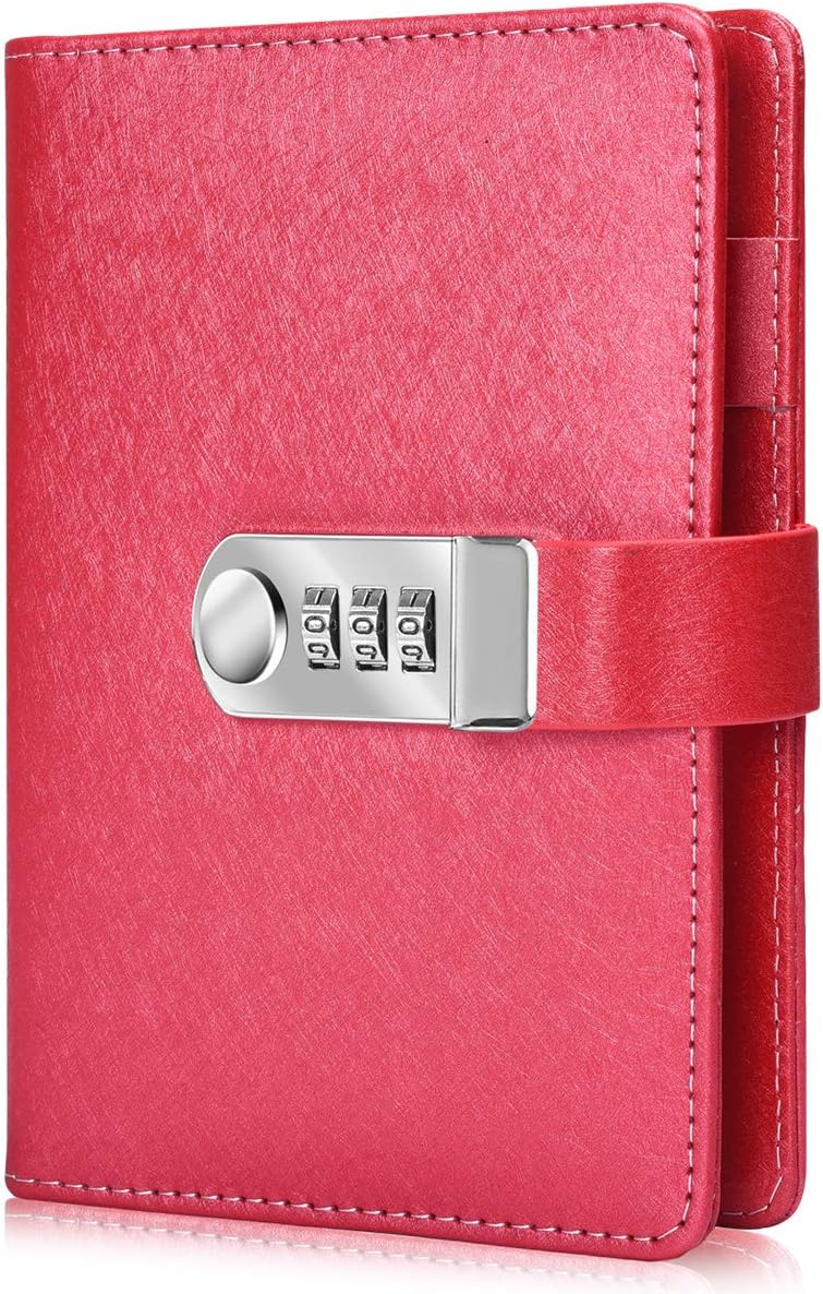 ARRLSDB Password Diary with Lock, PU Leather Combination Lock Diary (Combination Lock Journal) A6 Refillable Leather Journal, Size:18.5X13.5 cm (Red) - Image 1