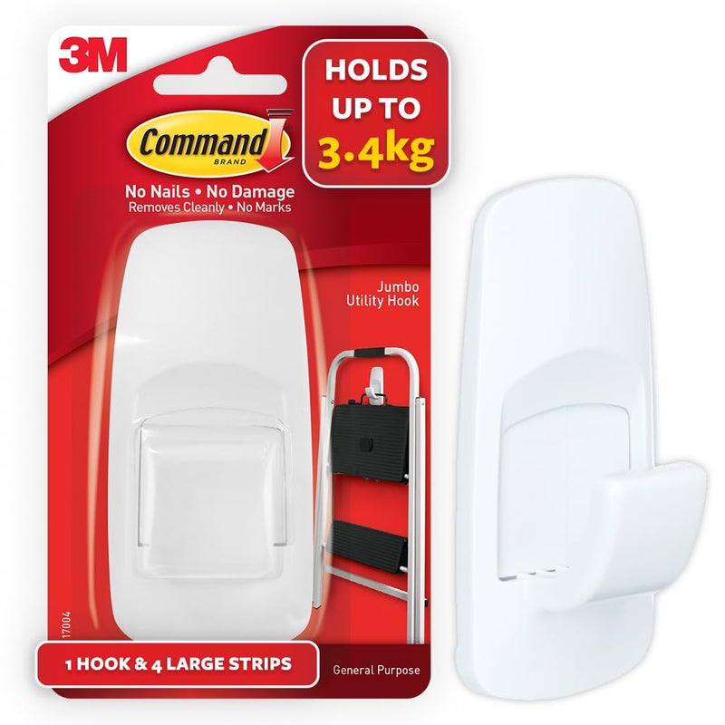 Command 3M Jumbo Utilty Wall Hooks, Holds 3.4kg, Damage free, Holds Strongly, Reusable, Heavy duty, Reusable, Adhesive hooks for wall, Multi-surface, hooks for hanging (White, 1hook, 4 strips), Plastic - Image 1