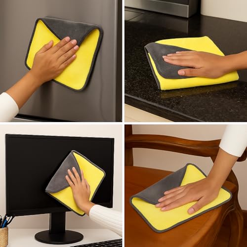 ENHANCIO 800 GSM Dual Sided Microfiber Towels 40x40cm | Extra Thick Double Layer Cleaning Cloth | Super Absorbent Lint Free Scratch Free for Car Bike Home Cleaning | Auto Detailing Cloth | Grey Yellow - Image 2