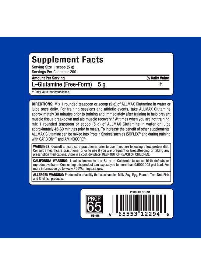 AllMax Nutrition ALLMAX Essentials GLUTAMINE - 1000 g Powder - Fermentation-Derived Glutamine - Increases Recovery & Supports Immune System - Gluten Free & Vegan - 200 Servings - Image 3