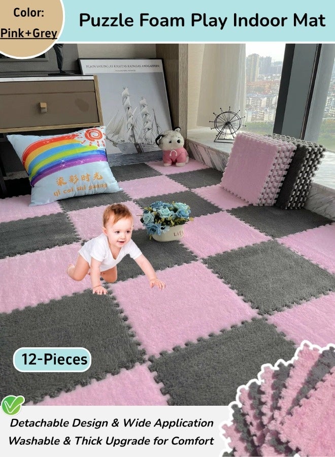 12-Pieces Puzzle Foam Play Indoor Mat, Soft Plush EVA Play Mat, Square Interlocking Baby Play Mat Set with Edges, Durable High Quality And Long Lasting, for Floor Protection, Baby Floor Mat for Kids Room Home Parlor Bedroom (Pink+Grey, 30x30cm) - Image 1