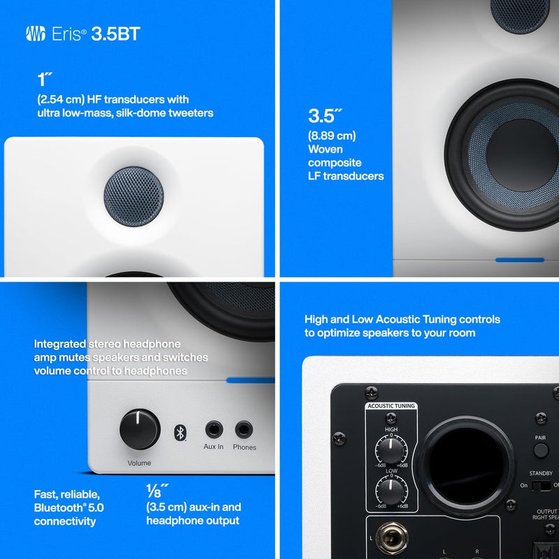PreSonus Eris 3.5BT Studio Monitors, Pair â€” 3.5" Inch Powered Speakers, Bookshelf Speakers, Stereo, Desktop Computer, Near Field Music Production, Audio Mixing Recording - Image 4
