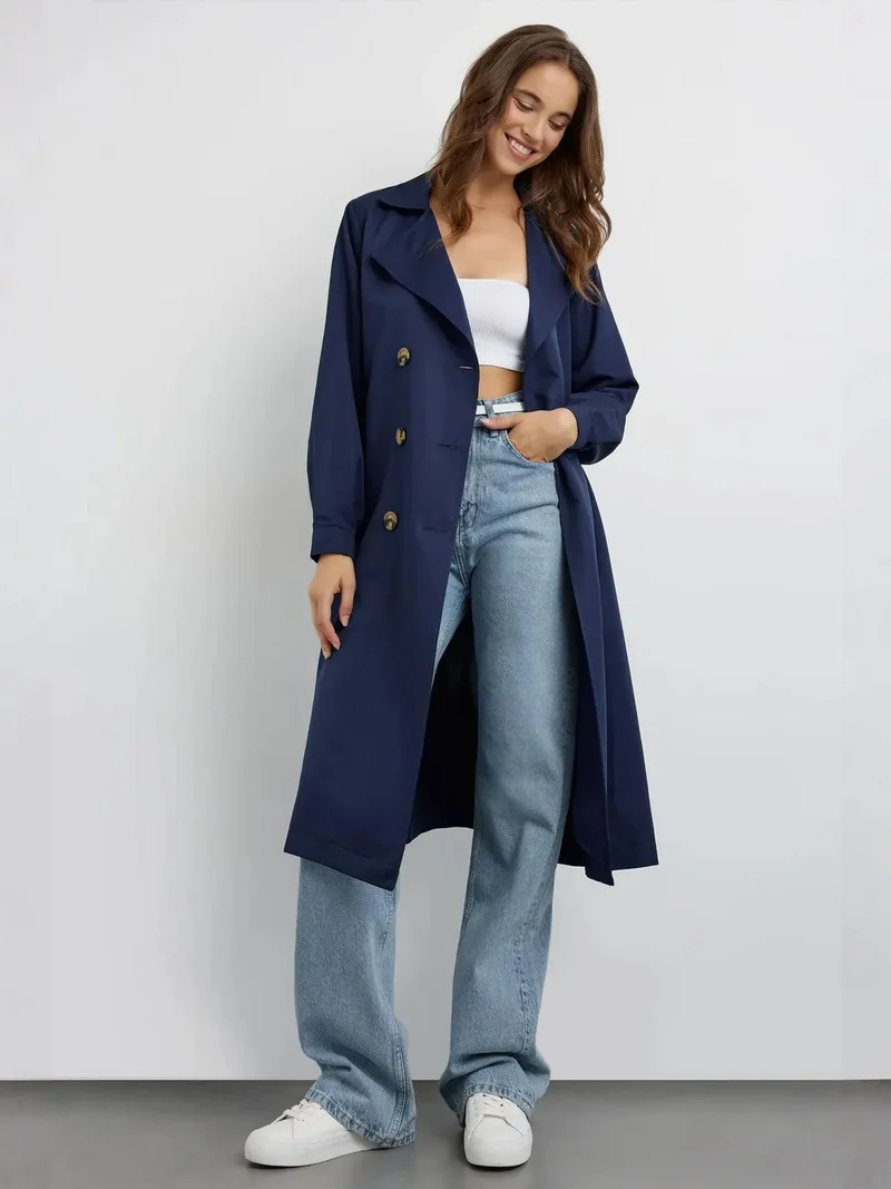 HICCUP Double-Breasted Belted Long Trench Coat