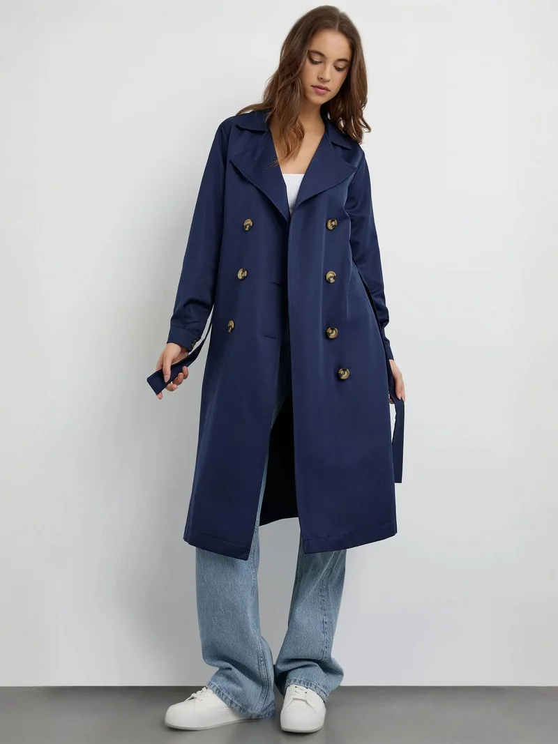 HICCUP Double-Breasted Belted Long Trench Coat