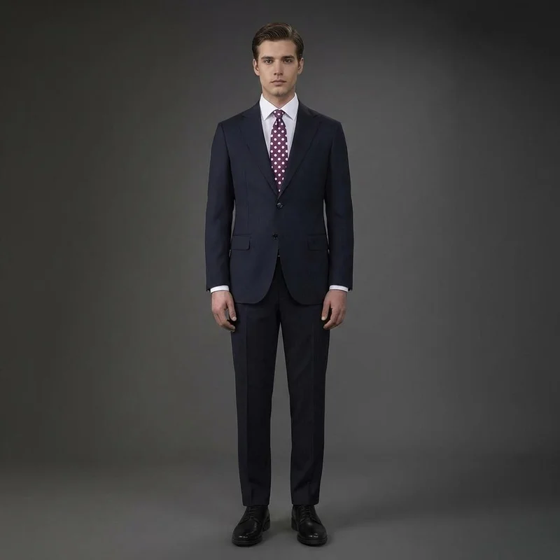 دوبل غانغر Single-breasted men's suit with classic single-pleat trousers, in pure combed wool with herringbone weave - DK Blue