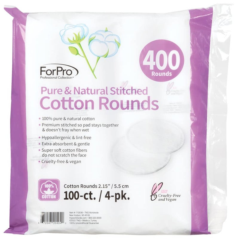 ForPro Professional Collection ForPro Pure & Natural Stitched Cotton Rounds for Face (400-Count), 100% Pure Cotton Makeup Remover Pads, Hypoallergenic, Lint-Free, Vegan & Cruelty-Free, Pack of 4-100 Cotton Pads - Image 2