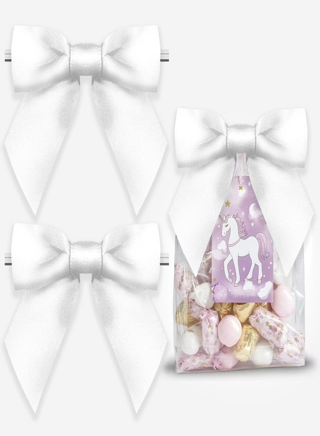 Rainbow Pana RainbowPana 50 Pack 4.5" Twist Tie Bows, Luxury White Satin Ribbon Pretied Bows, Premade Craft Decoration for Package - Image 1