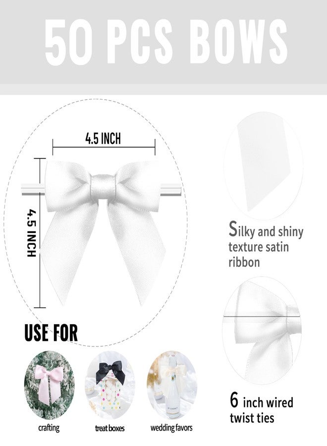 Rainbow Pana RainbowPana 50 Pack 4.5" Twist Tie Bows, Luxury White Satin Ribbon Pretied Bows, Premade Craft Decoration for Package - Image 3