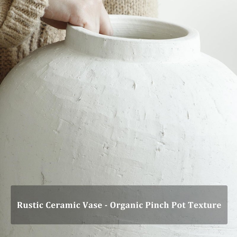 Tuioyoc Large Ceramic Vase, 11" Rustic Farmhouse Terracotta Vase for Home Decor, Artisan Decorative Flower Vase for Living Room, Table Centerpiece, Bedroom (Rustic White) - Image 3