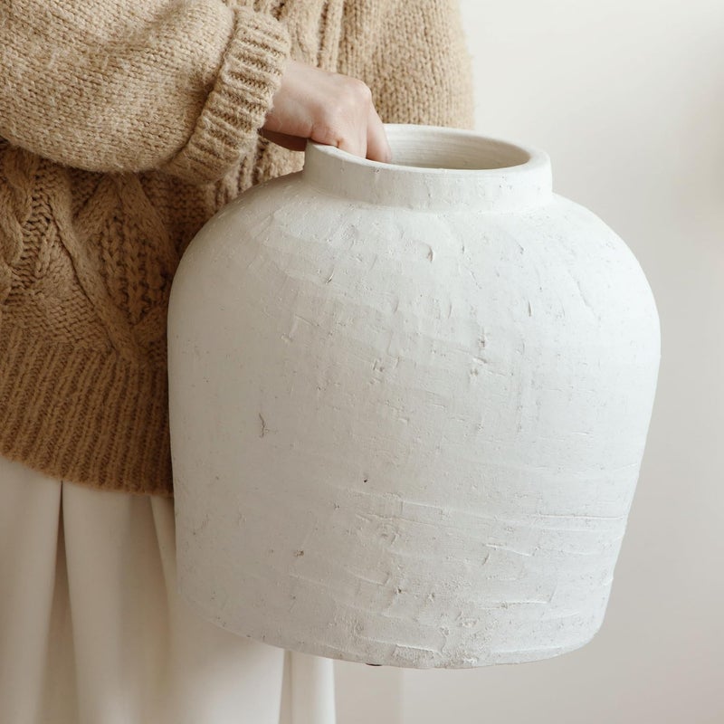 Tuioyoc Large Ceramic Vase, 11" Rustic Farmhouse Terracotta Vase for Home Decor, Artisan Decorative Flower Vase for Living Room, Table Centerpiece, Bedroom (Rustic White) - Image 1