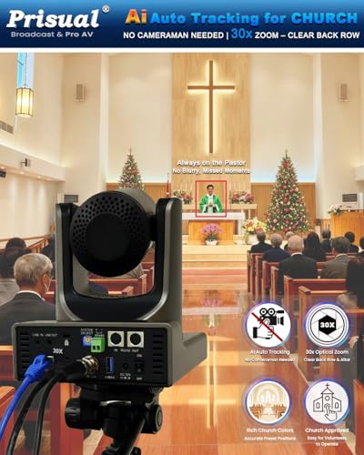 Prisual PTZ Camera Gen 5, 30X Optical Zoom Auto AI Tracking, HDMI 3G-SDI USB IP Streaming, 0.5 Lux for Church Live Streaming, Events, vMix, OBS. NDI upgradable, TEM-30S PRO - Image 3