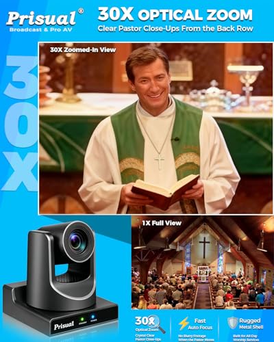Prisual PTZ Camera Gen 5, 30X Optical Zoom Auto AI Tracking, HDMI 3G-SDI USB IP Streaming, 0.5 Lux for Church Live Streaming, Events, vMix, OBS. NDI upgradable, TEM-30S PRO - Image 2