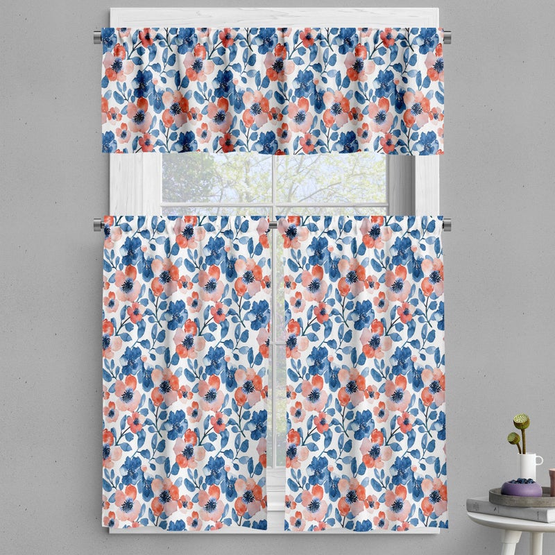 Ambesonne Floral Valance & Tier Curtain 3 pcs Set  Vintage Cottagecore Poppy Flowers Watercolor Paint Print on Plain Background  Window Treatments for Kitchen Room Decor  55"" x 36""  Coral Blue White - Image 1