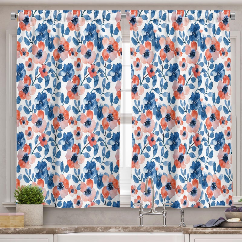 Ambesonne Floral Valance & Tier Curtain 3 pcs Set  Vintage Cottagecore Poppy Flowers Watercolor Paint Print on Plain Background  Window Treatments for Kitchen Room Decor  55"" x 36""  Coral Blue White - Image 2
