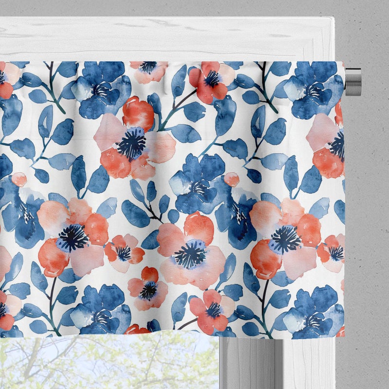 Ambesonne Floral Valance & Tier Curtain 3 pcs Set  Vintage Cottagecore Poppy Flowers Watercolor Paint Print on Plain Background  Window Treatments for Kitchen Room Decor  55"" x 36""  Coral Blue White - Image 4