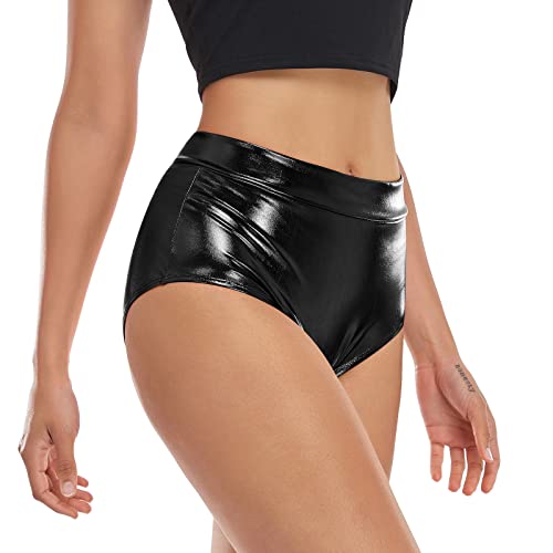 Kepblom Metallic High Waisted Booty Shorts Women's Shiny Cheeky Dance Festival Rave Bottoms (Black,L) - Image 1