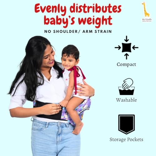 My Giraffe - Hippy Hop - Hip Seat Baby Carrier for 5 Months to 3 Years | Diaper Storage & Phone Pocket | Portable Sling Strap | Ergonomic Seat | Supports Up to 20 kg | Travel-Friendly (Dino Print)Multicolor - Image 2