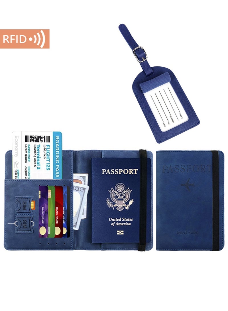 Passport Holder With Luggage Tag Cover Wallet RFID Blocking Leather Case Travel Essentials Accessories Travel Must Have(Dark Blue) - Image 1