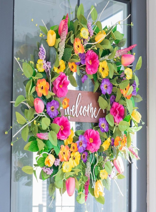 Pinkpuii Spring Wreaths for Front Door Outside,24 Inch Summer Tulip Floral Wreath,Indoor Outdoor Green Eucalyptus Welcome Wreath with Colorful Wildflowers -Vibrant, Lifelike Wall Porch Door Decor - Image 2