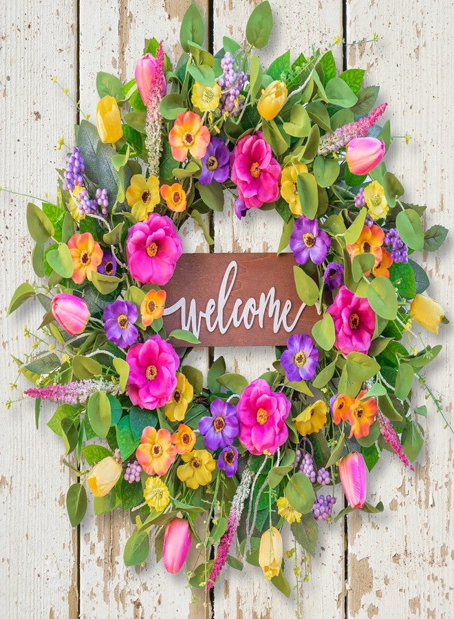 Pinkpuii Spring Wreaths for Front Door Outside,24 Inch Summer Tulip Floral Wreath,Indoor Outdoor Green Eucalyptus Welcome Wreath with Colorful Wildflowers -Vibrant, Lifelike Wall Porch Door Decor - Image 4