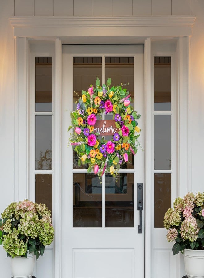 Pinkpuii Spring Wreaths for Front Door Outside,24 Inch Summer Tulip Floral Wreath,Indoor Outdoor Green Eucalyptus Welcome Wreath with Colorful Wildflowers -Vibrant, Lifelike Wall Porch Door Decor - Image 5