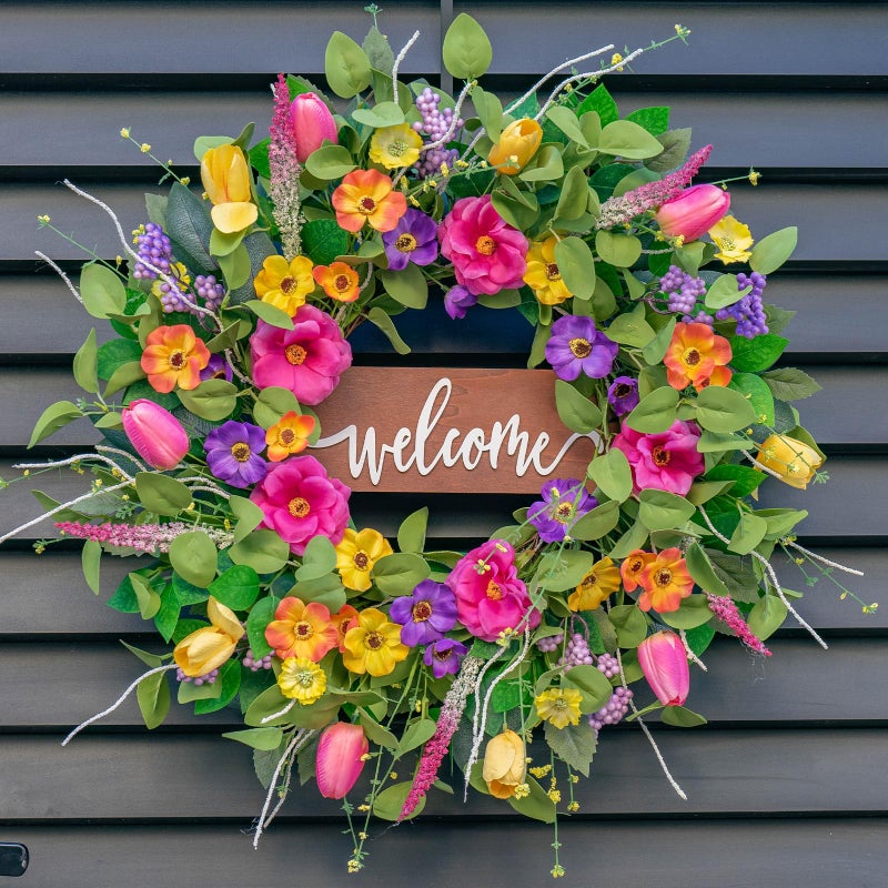 Pinkpuii Spring Wreaths for Front Door Outside,24 Inch Summer Tulip Floral Wreath,Indoor Outdoor Green Eucalyptus Welcome Wreath with Colorful Wildflowers -Vibrant, Lifelike Wall Porch Door Decor - Image 1