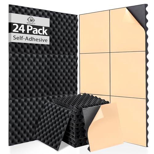 SD SODOCT 24 Pack Sound Proof Foam Panels for Wall,Self Adhesive Acoustic Panels,12" X 12" X 1.2" Egg Crate Soundproof Wall Panels for Studio,Room Acoustic Treatment Foam,Sound Absorbing Foam Black - Image 1