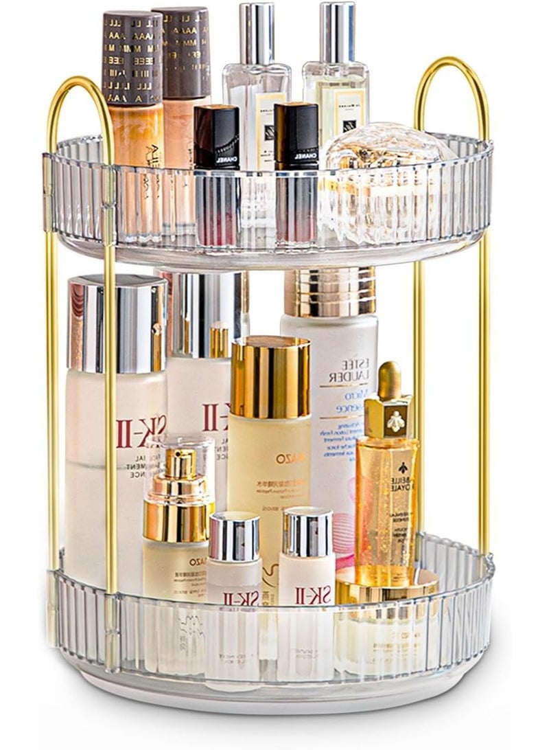 منظم مكياج دوار مع حامل فراشي المكياج، وفر 80% من مساحة التسريحة مع منظم مستحضرات تجميل فاخر 2 دور، حامل عناية بالبشرة دوار 360°، شفاف - Image 2