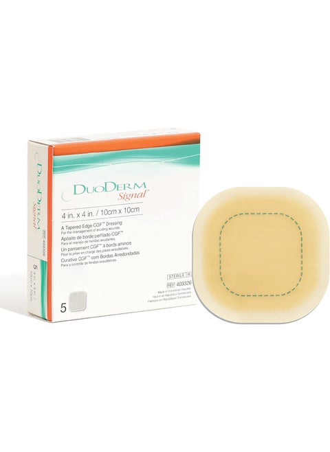 ConvaTec DuoDERM Signal CGF 4"x4" Hydrocolloid Tapered Edge Sterile Adhesive Dressing with Change Indicator for Exuding Wounds, Waterproof, Latex-Free, Flexible, Square, Beige, 5ct Box (3 Pack)