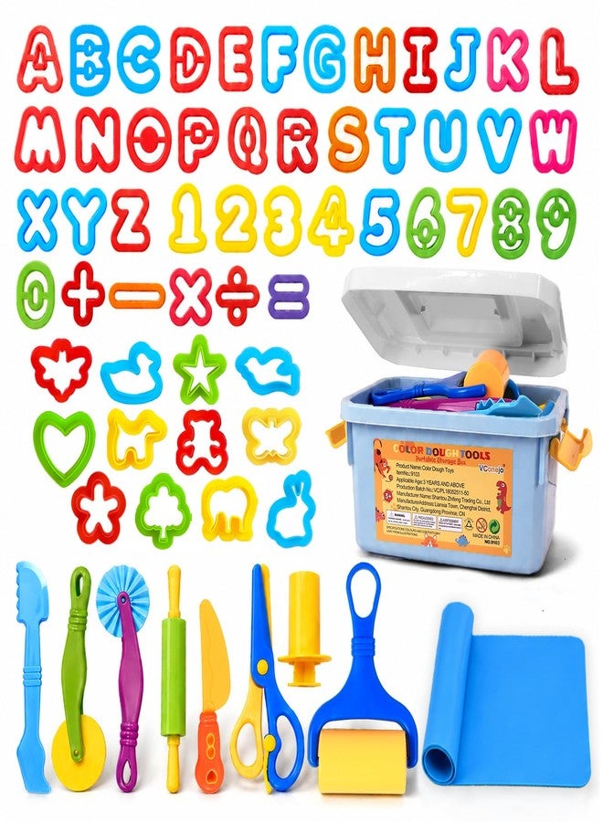 VConejo Play Dough Tools 63 PCS, Clay and Dough Tools Set with Storage Box & Silicone Mat, Dough Accessories Including Roller, Alphabet Number & Molds, Animal Cutters, Educational Toys for Boys Girls - Image 1