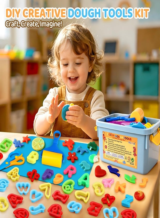 VConejo Play Dough Tools 63 PCS, Clay and Dough Tools Set with Storage Box & Silicone Mat, Dough Accessories Including Roller, Alphabet Number & Molds, Animal Cutters, Educational Toys for Boys Girls - Image 2