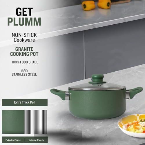 PLUMM Get Plumm Sauce Pot Cookware with Handle | Granite Stone Kadhai with Lid | Induction Base Biryani Pot Glass lid | Cool Touch Wooden Handle | Cooking Handi Pot (28 cm,Green) - Image 5