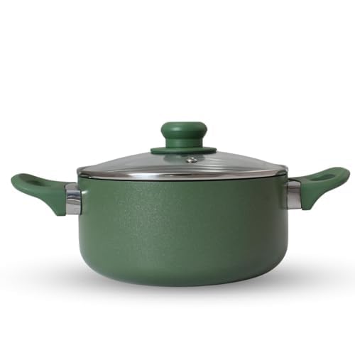 PLUMM Get Plumm Sauce Pot Cookware with Handle | Granite Stone Kadhai with Lid | Induction Base Biryani Pot Glass lid | Cool Touch Wooden Handle | Cooking Handi Pot (28 cm,Green) - Image 1