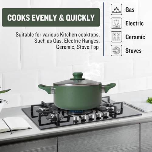 PLUMM Get Plumm Sauce Pot Cookware with Handle | Granite Stone Kadhai with Lid | Induction Base Biryani Pot Glass lid | Cool Touch Wooden Handle | Cooking Handi Pot (28 cm,Green) - Image 2