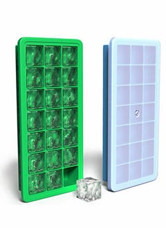 Y&D Silicone Ice Cube Trays with Plastic Lids - Set of 2 42 Small Square Cubes Covered Easy Pop Push Release Rubber Mold for Cocktails Dog Treats Water Bottles Blue Green  - Image 1