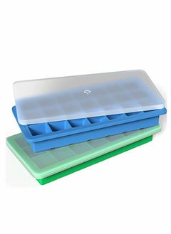 Y&D Silicone Ice Cube Trays with Plastic Lids - Set of 2 42 Small Square Cubes Covered Easy Pop Push Release Rubber Mold for Cocktails Dog Treats Water Bottles Blue Green  - Image 3