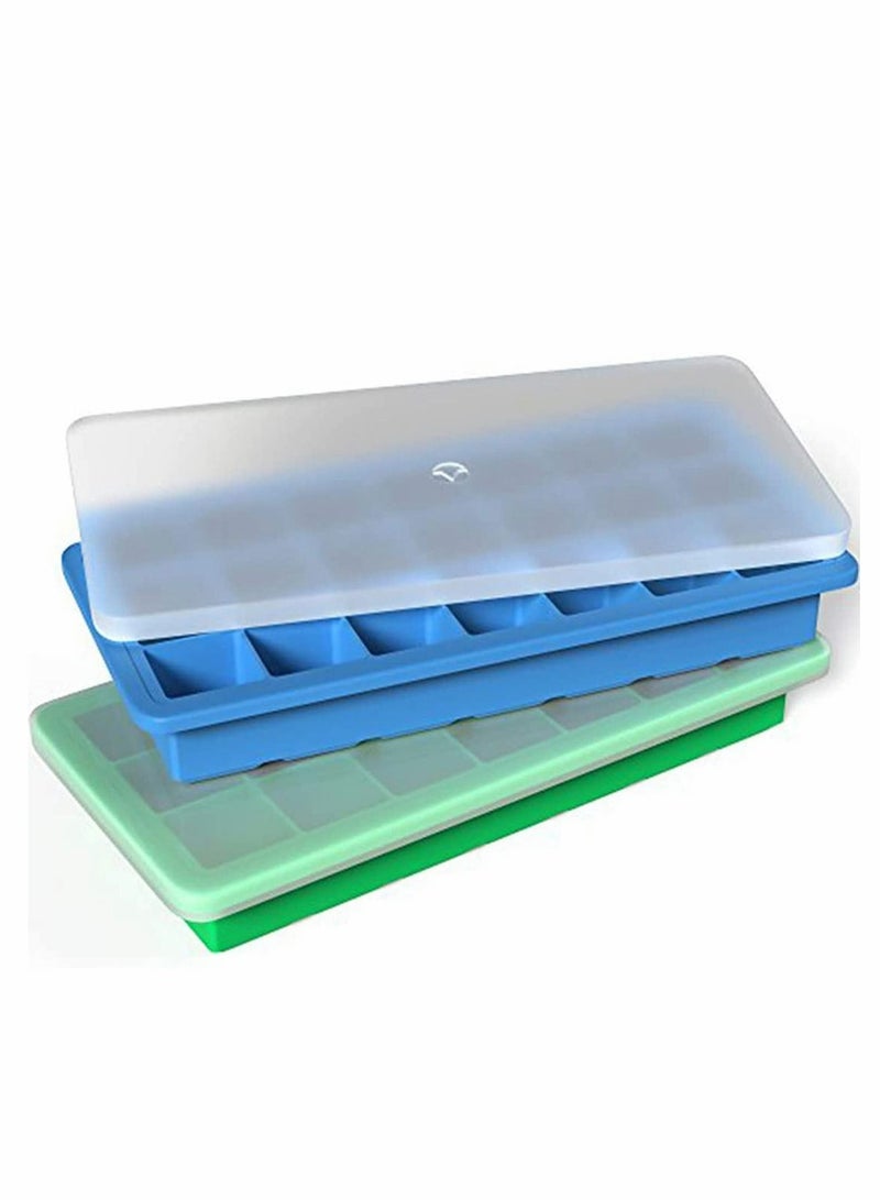 Y&D Silicone Ice Cube Trays with Plastic Lids - Set of 2 42 Small Square Cubes Covered Easy Pop Push Release Rubber Mold for Cocktails Dog Treats Water Bottles Blue Green  - Image 3