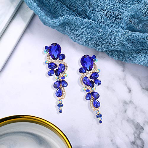 BriLove Dangle Earrings for Women Wedding Bridal Bohemian Boho Crystal Multiple Teardrop Chandelier Long Jewelry Royal Blue - Image 4
