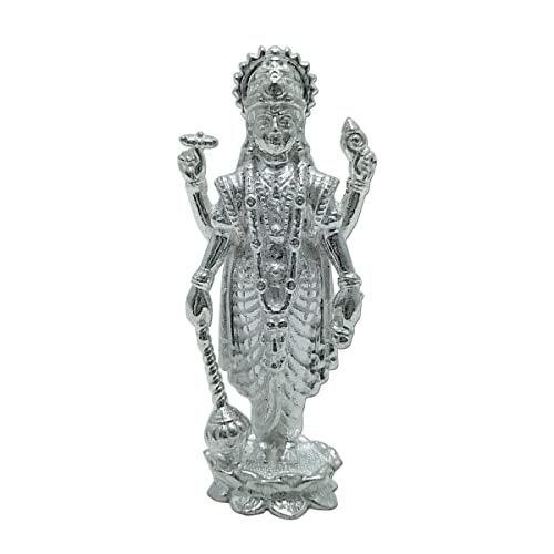 MAA SILVER Pure Silver Vishnu Narayan BIS Hallmarked Solid Idol/Murti with Lotus Kamal Base Perfect for Gifting & Pooja Use (925 Purity)(53 Grams Silver) - Image 1