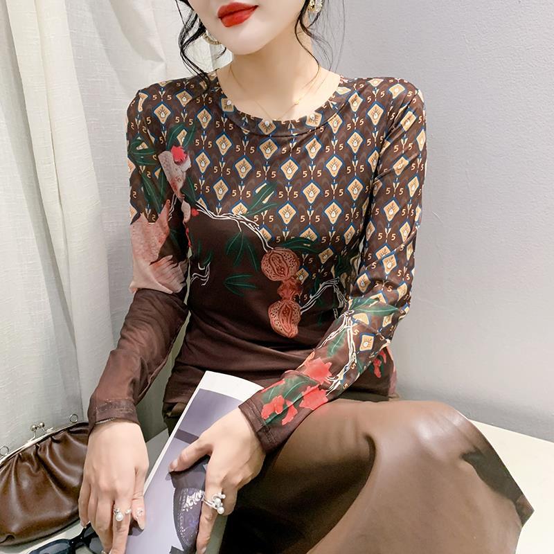 Round Neck Long Sleeve Skin-Friendly High Elastic Printed Mesh T-Shirt Female 2024 Spring Fashion Temperament Long Sleeve Slimming Bottoming Shirt - Image 2