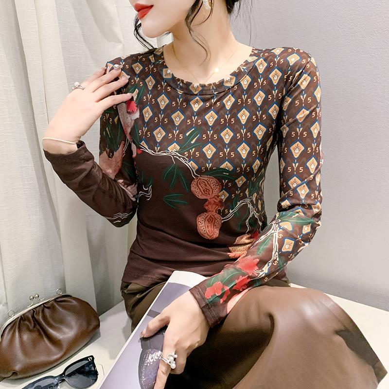 Round Neck Long Sleeve Skin-Friendly High Elastic Printed Mesh T-Shirt Female 2024 Spring Fashion Temperament Long Sleeve Slimming Bottoming Shirt - Image 3