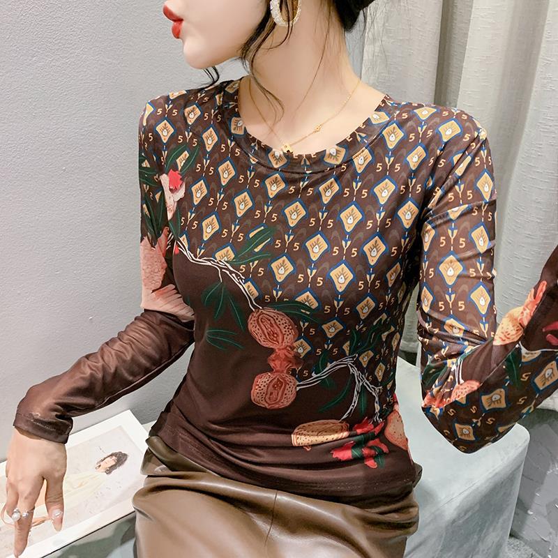 Round Neck Long Sleeve Skin-Friendly High Elastic Printed Mesh T-Shirt Female 2024 Spring Fashion Temperament Long Sleeve Slimming Bottoming Shirt - Image 1