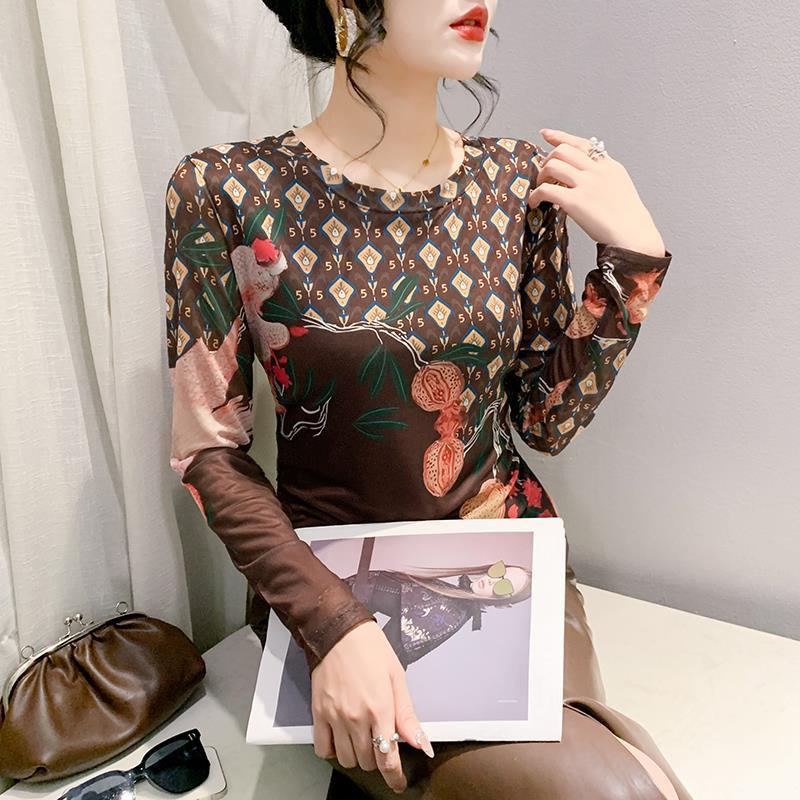 Round Neck Long Sleeve Skin-Friendly High Elastic Printed Mesh T-Shirt Female 2024 Spring Fashion Temperament Long Sleeve Slimming Bottoming Shirt - Image 5