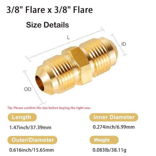 Breezliy 3/8" Male Flare x 3/8" Male Flare Connector Gas Adapter Union Brass Tube Coupler Pipe Fitting (2PCS) - Image 3