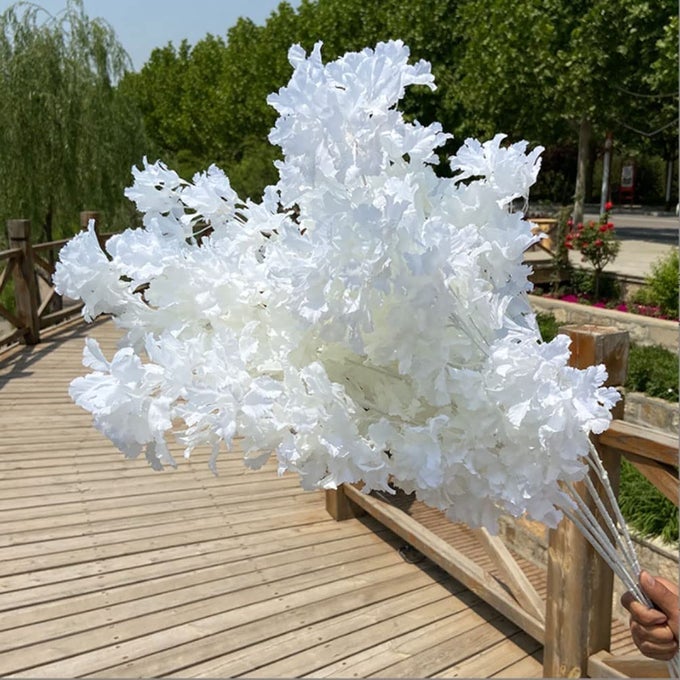 5PCS 335 WHITE ARTIFICIAL CHERRY BLOSSOM FLOWER BUSHY SILK BRANCHES FOR SPRING HOME ROOM WEDDING PARTY KAWAII DECOR JAPANS NATIONAL FLOWER