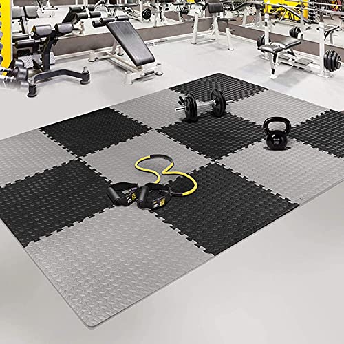SIGNATRON Fitness Puzzle Mat, Gym Floor Mat, Exercise Mat, EVA Foam Interlocking Tiles, Protective Flooring for Gym Equipment and Workouts, 12mm Extra Thick (4Pc || 16 SqFt, Grey - Black) - Image 2